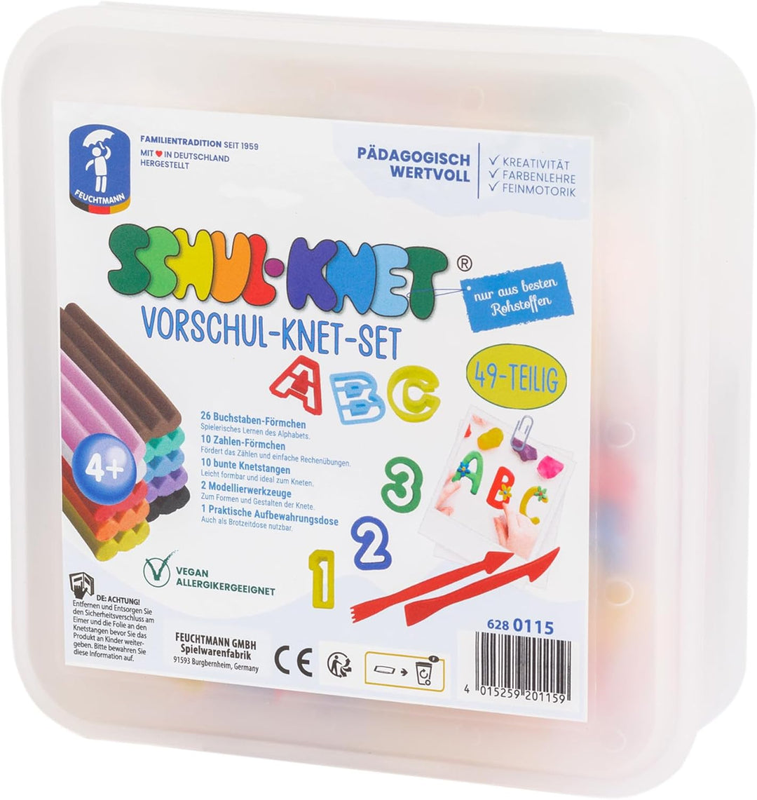 Feuchtmann SCHUL-KNET - Vorschul-Knet-Set 49-teilig, 400g Kinderknete mit Buchstaben, Zahlen und Wer