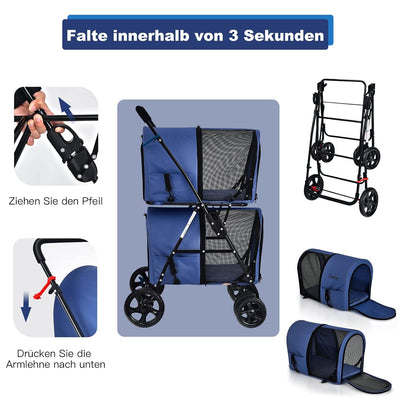 GOPLUS Doppeltschichtiger faltbarer Haustierwagen, 2-stufiger 3-in-1 Haustierwagen auf Rädern, 2 Bre