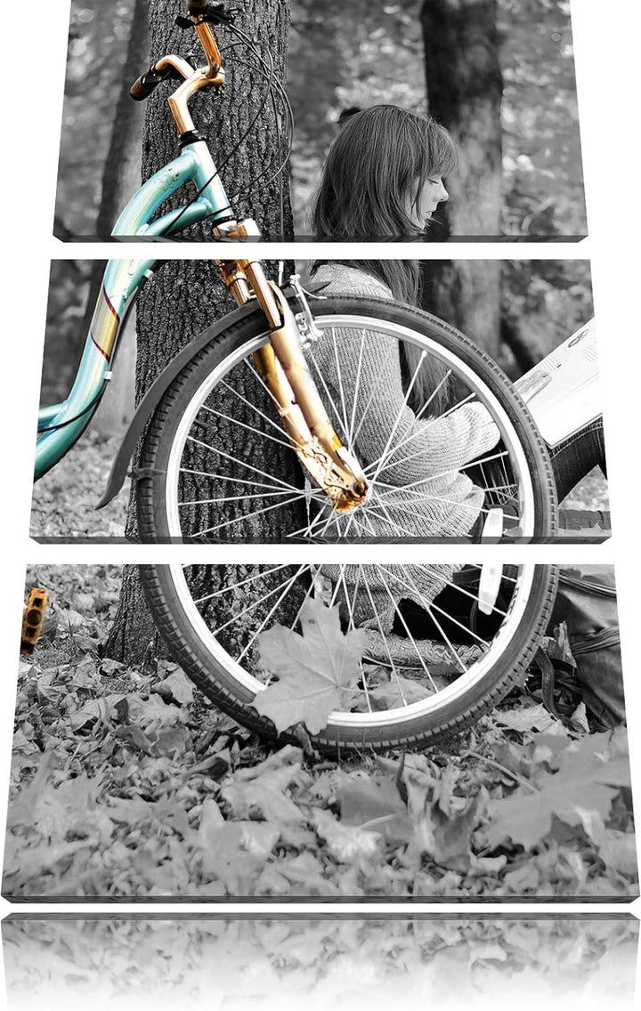 Pixxprint Junges Mädchen mit Fahrrad als Leinwandbild/Grösse: 3 Teilig (120x80) cm/Wandbild/Kunstdru