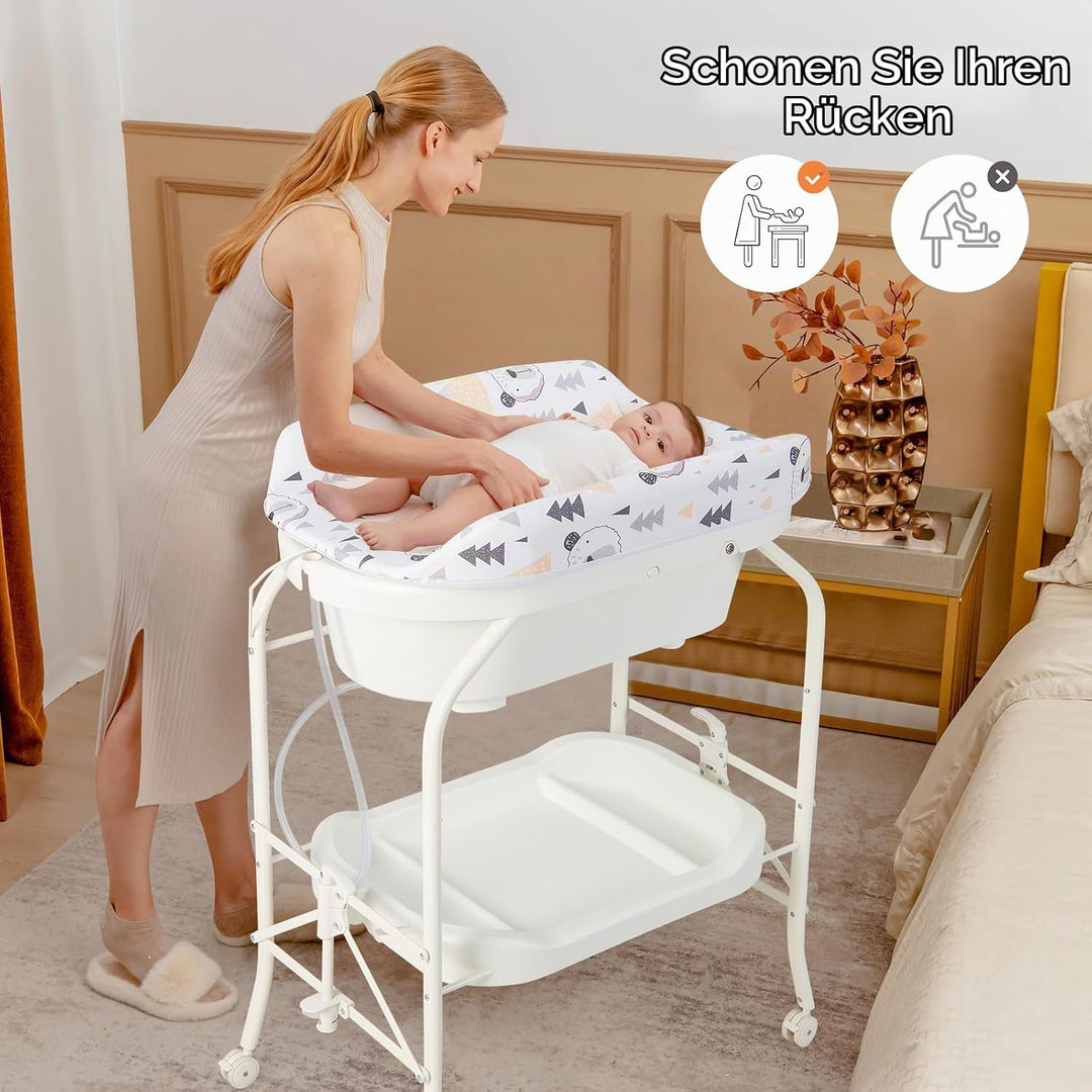 LIFEZEAL Wickeltisch mit Badewanne, 2 in 1 Flatbare Bade-Wickelkombination auf Räder, Badewannenaufs