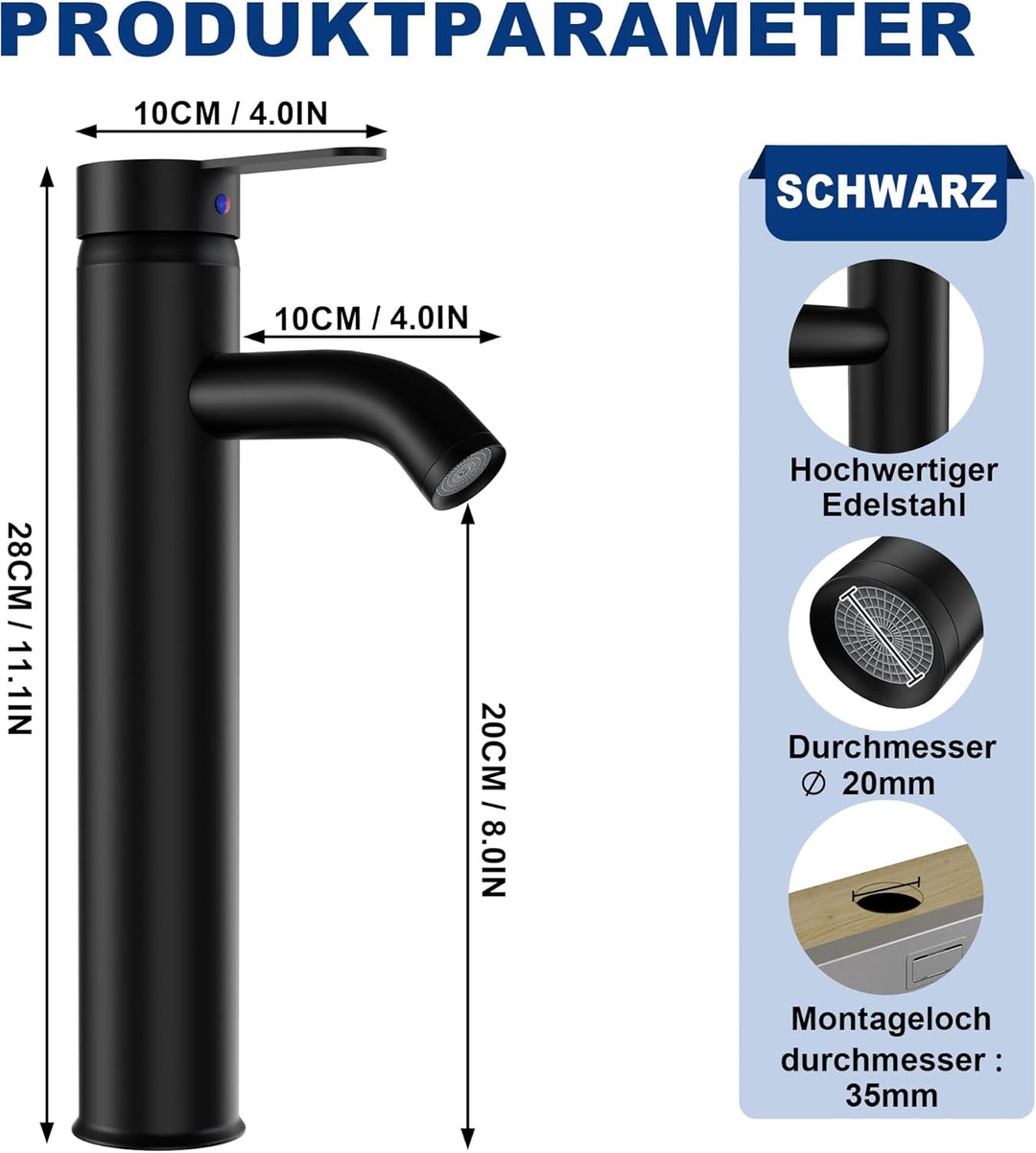 Wasserhahn Küche Schwarz Küchenarmatur mit Auslaufhöhe 20 cm Spülenarmatur Waschtischarmatur Keramik