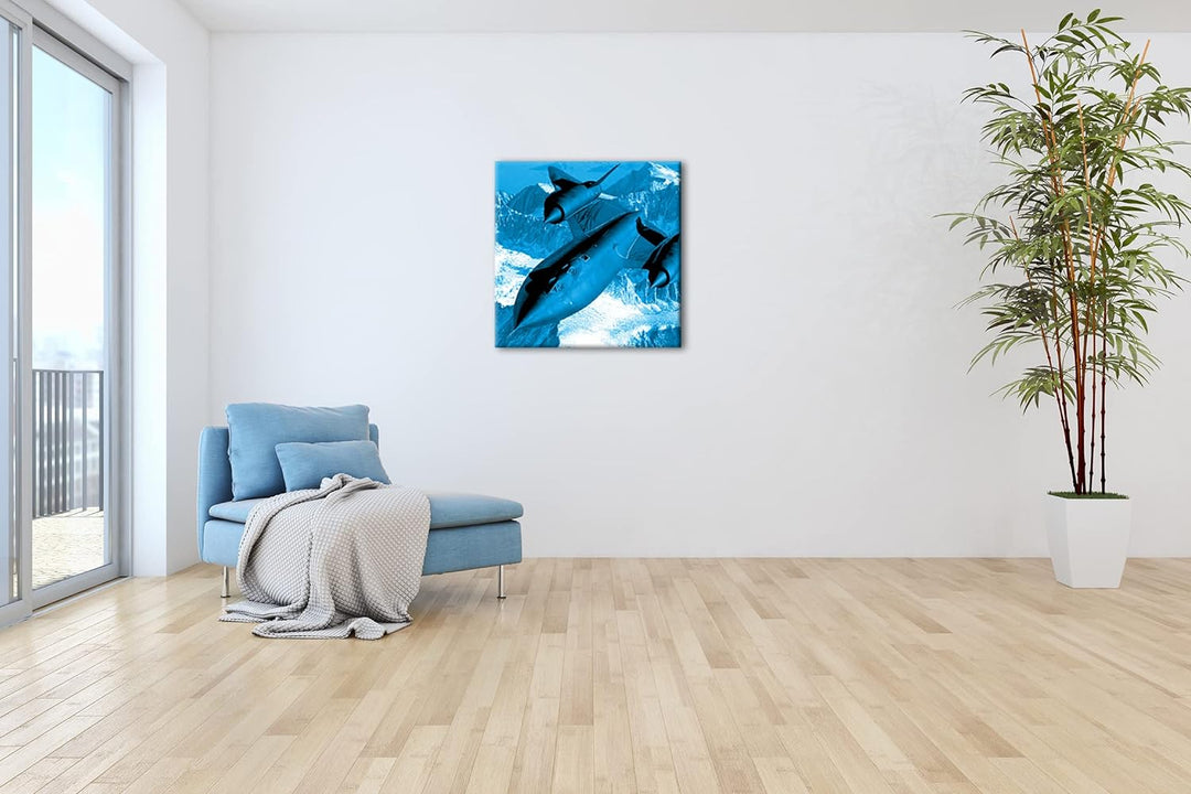 schwarzer Jet über den Bergen im Format: 60x60 Effekt: Zeichnung als Leinwandbild, Motiv auf Echthol