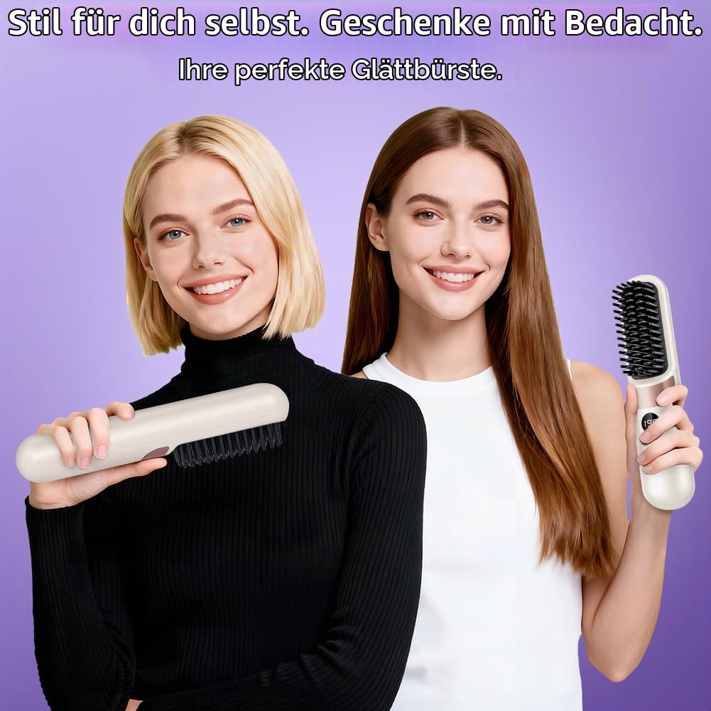 LOPHE Glättbürste, 2 in 1 Haarglätter Bürste mit LED Display, Hair Straightener Kabellos und Verbrüh