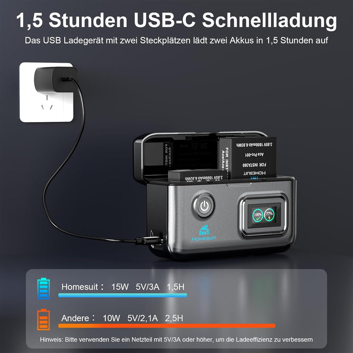 Homesuit Insta 360 Ace Pro 2 Akku 1800mAh &amp; Dual LCD Tragbares Schnellladegerät Kit Kompatibel mit I