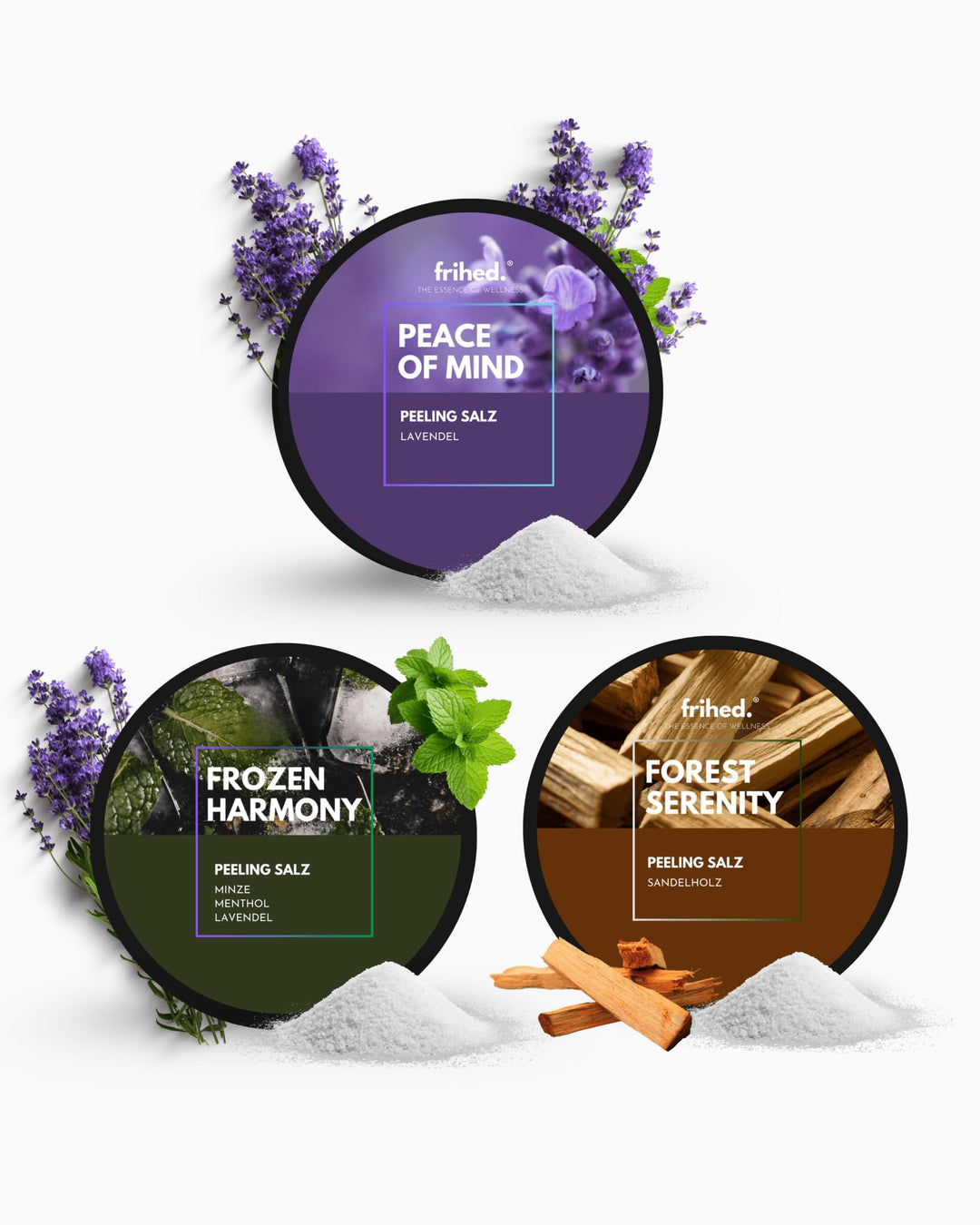 frihed.® Saunasalz Trio - Hochwertiges Peelingsalz mit Lavendel, Minze und Sandelholz Duft - Ideal n