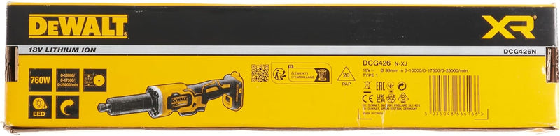 Dewalt Akku-Geradeschleifer (18V, bürstenlos, 6 mm Spannzange, dreistufige Drehzahlelektronik, LED-L