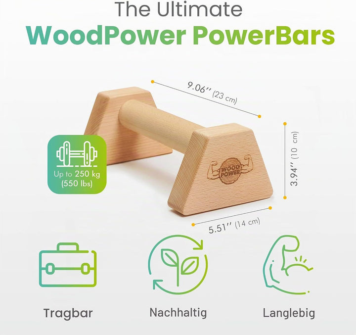 woodpower PowerBars Holz-Parallettes gelenkschonende Liegestützgriffe, Handstand-Barren &amp; Minibarren