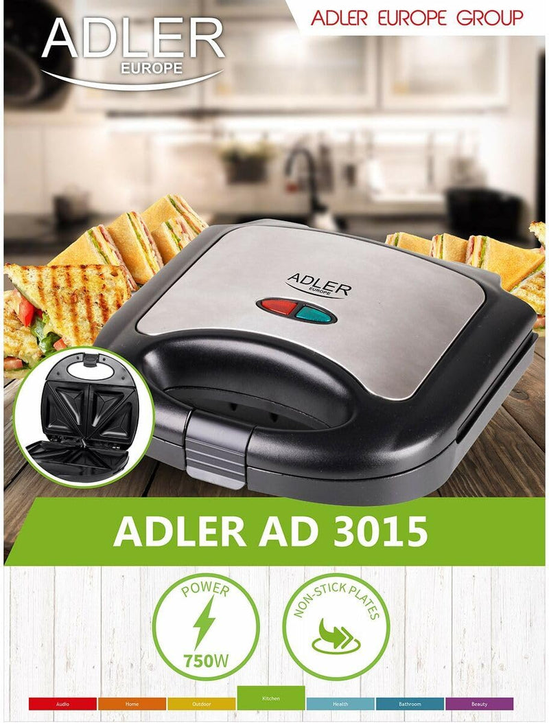 ADLER AD 3015 Sandwichmaker, Kunststoff, Schwarz/Grau