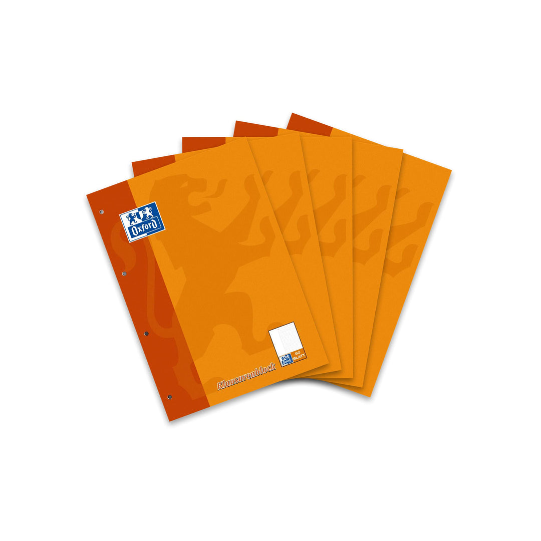 Oxford Schule Klausuren-Block A4, liniert mit Rand, 50 Blatt, orange, 5 Stück Single, Single