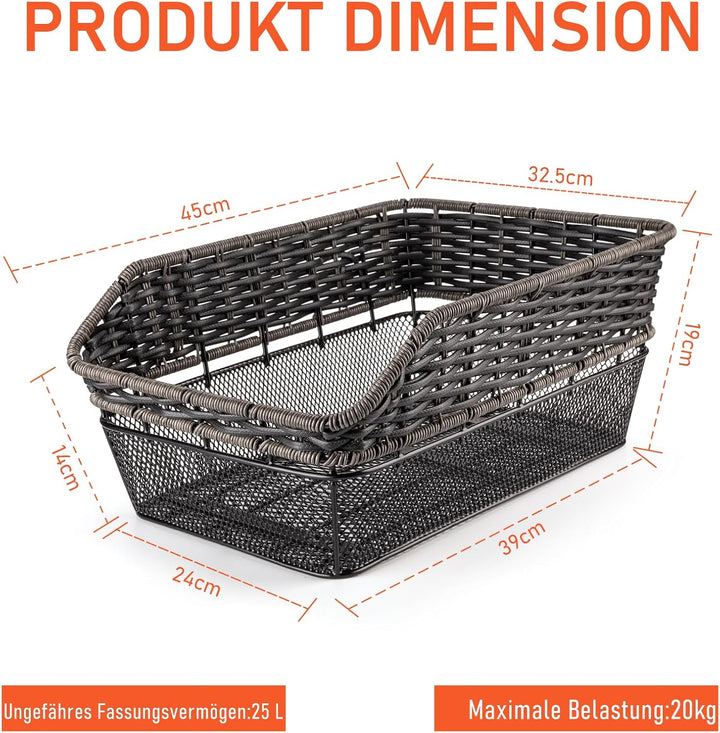 Fahrradkorb Hinten gross,25L Weave fahrradkörbe mitTragkraft bis 20 kg, Sockel aus Metall Schultasch
