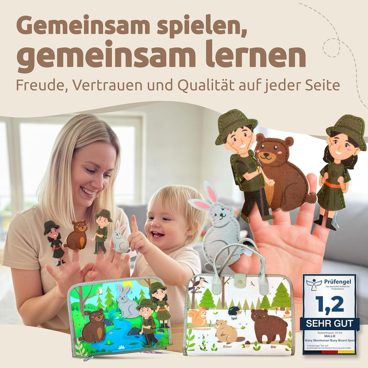 Mallie® Montessori Busy Board mit Rollenspiel-Set & Fingerpuppen [Version 2025] Lernbuch - Fördert F
