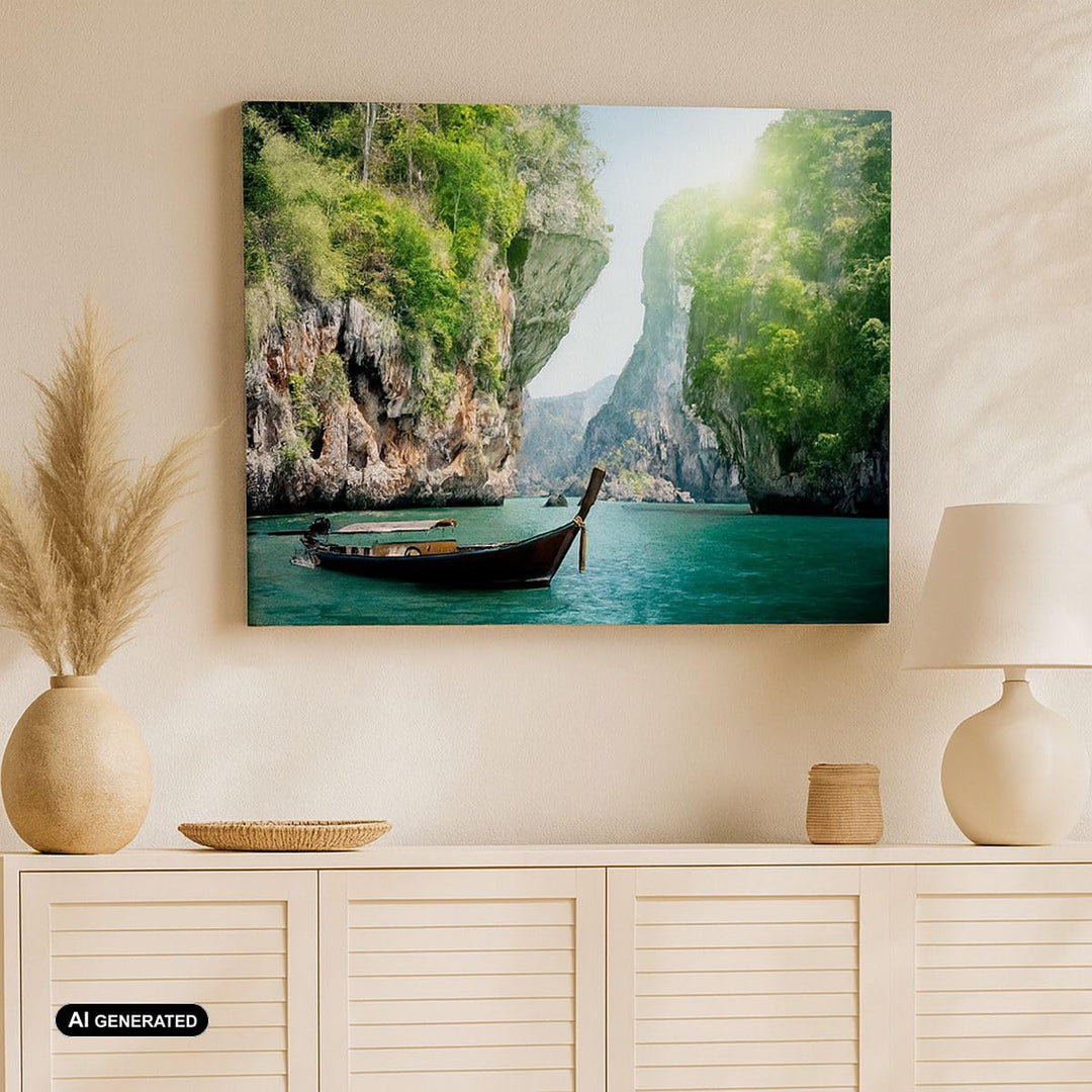 Bilder auf Leinwand 100x70cm Leinwandbild Boot Klippen Natur Felsen Gross Wanddeko Bild Schlafzimmer