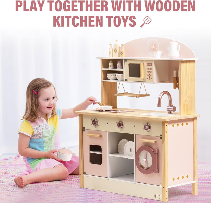 ROBUD Holz Kinderküche für Jungen und Mädchen ab 3 Jahren | Rollenspiel | Küchenzubehör-Set | in Ros