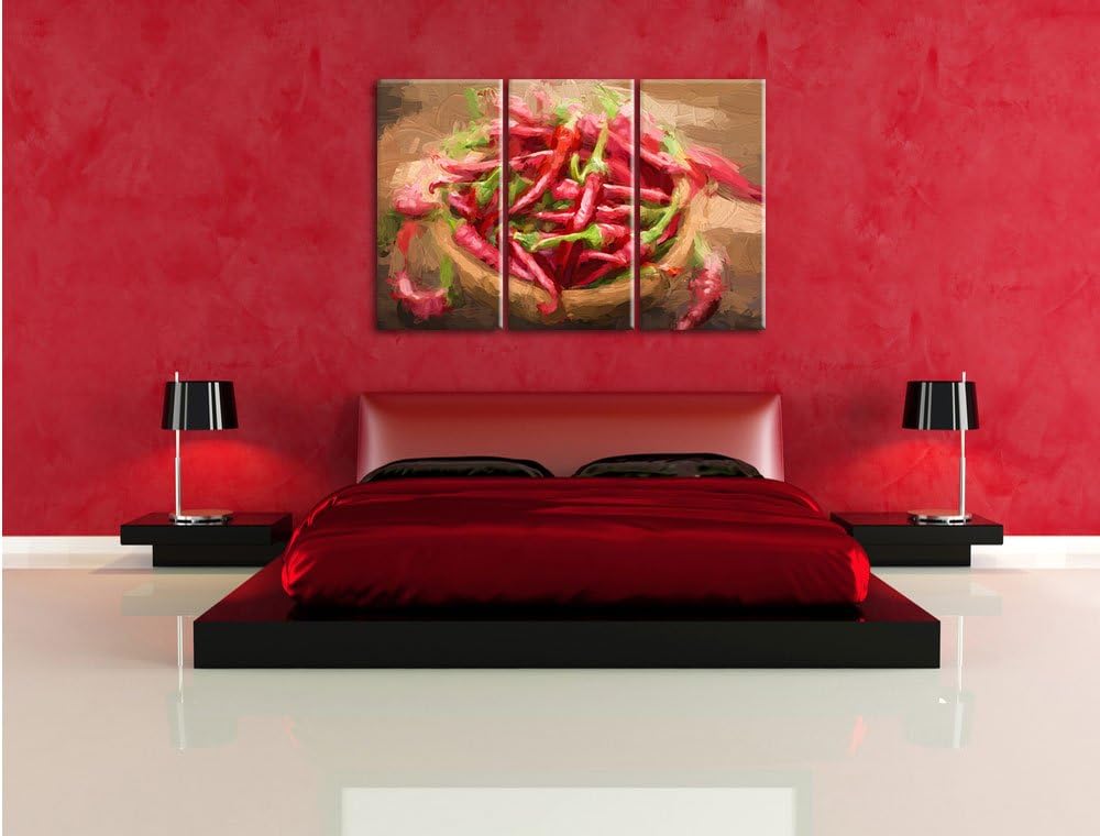 Pixxprint Scharfe Chilishoten Pinsel Effekt 3-Teiler Leinwandbild 120x80 Bild auf Leinwand