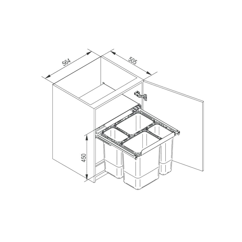 REJS Einbau-Mülleimer für 60 cm Schrank 4-fach Abfallsystem mit Deckel Soft-Close & Vollauszug 56,4