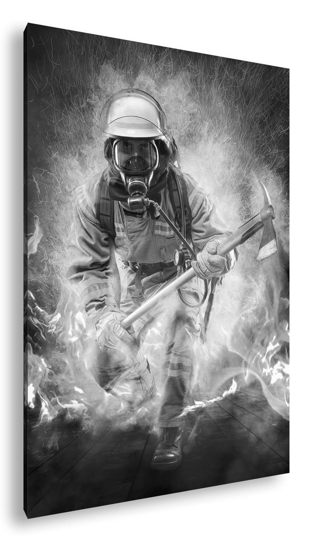 deyoli Feuerwehrmann im Einsatz Format: 80x60 Effekt: Schwarz&Weiss als Leinwandbild, Motiv fertig g