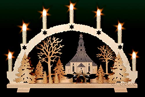 LED - 3D Schwibbogen Seiffener Kirche & Kurrende 7 Kerzen, 53cm x 35cm - Handarbeit Erzgebirge Weihn