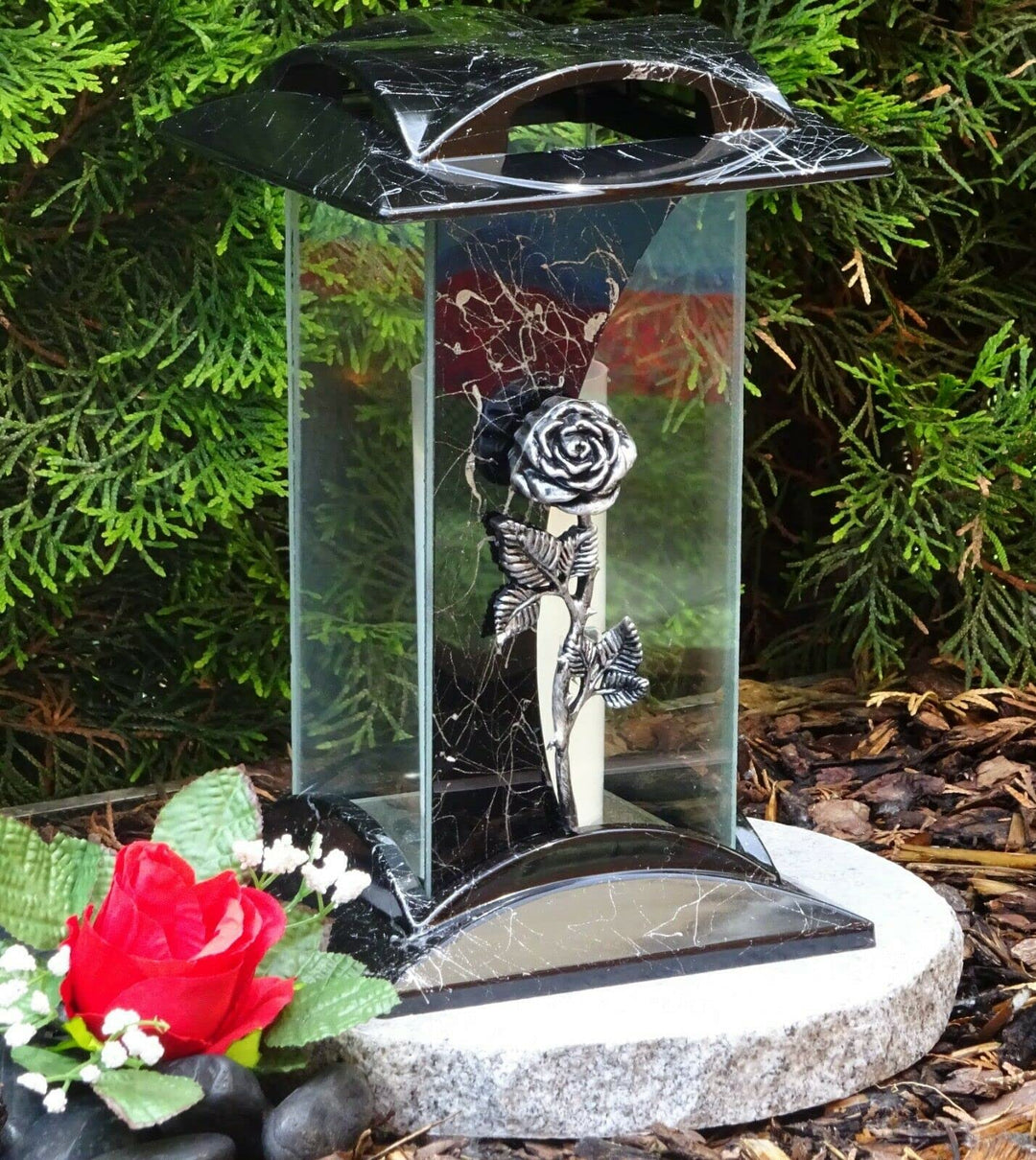 Grablampe Grablaterne Rose Silber 28,0cm incl. Grabkerze Grabschmuck Grablicht Grableuchte Lampe Lat