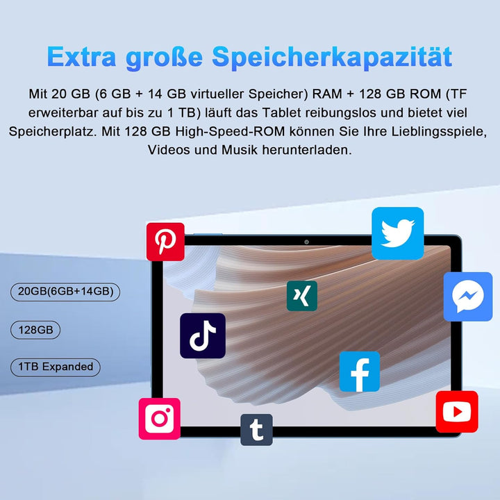 2026 Tablet 10 Zoll Android Octa Core mit 20 GB RAM + 128 GB ROM (2 TB TF) | 5G + 2,4 G WiFi | FHD |