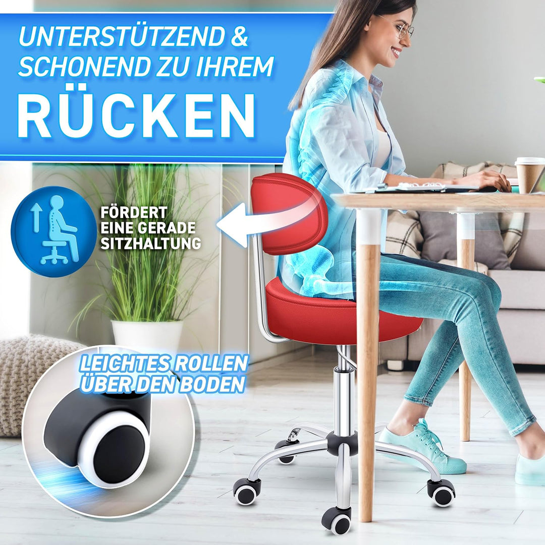 TRESKO® Rollhocker mit Lehne höhenverstellbar 10cm Dicke Polsterung Drehbar | Hocker 46-58cm | Arbei