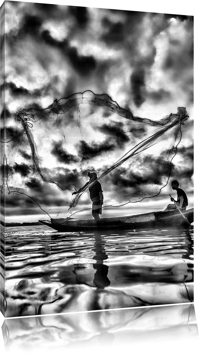 Pixxprint See mit Anglern / 100x70cm Leinwandbild bespannt auf Holzrahmen/Wandbild Kunstdruck Dekora