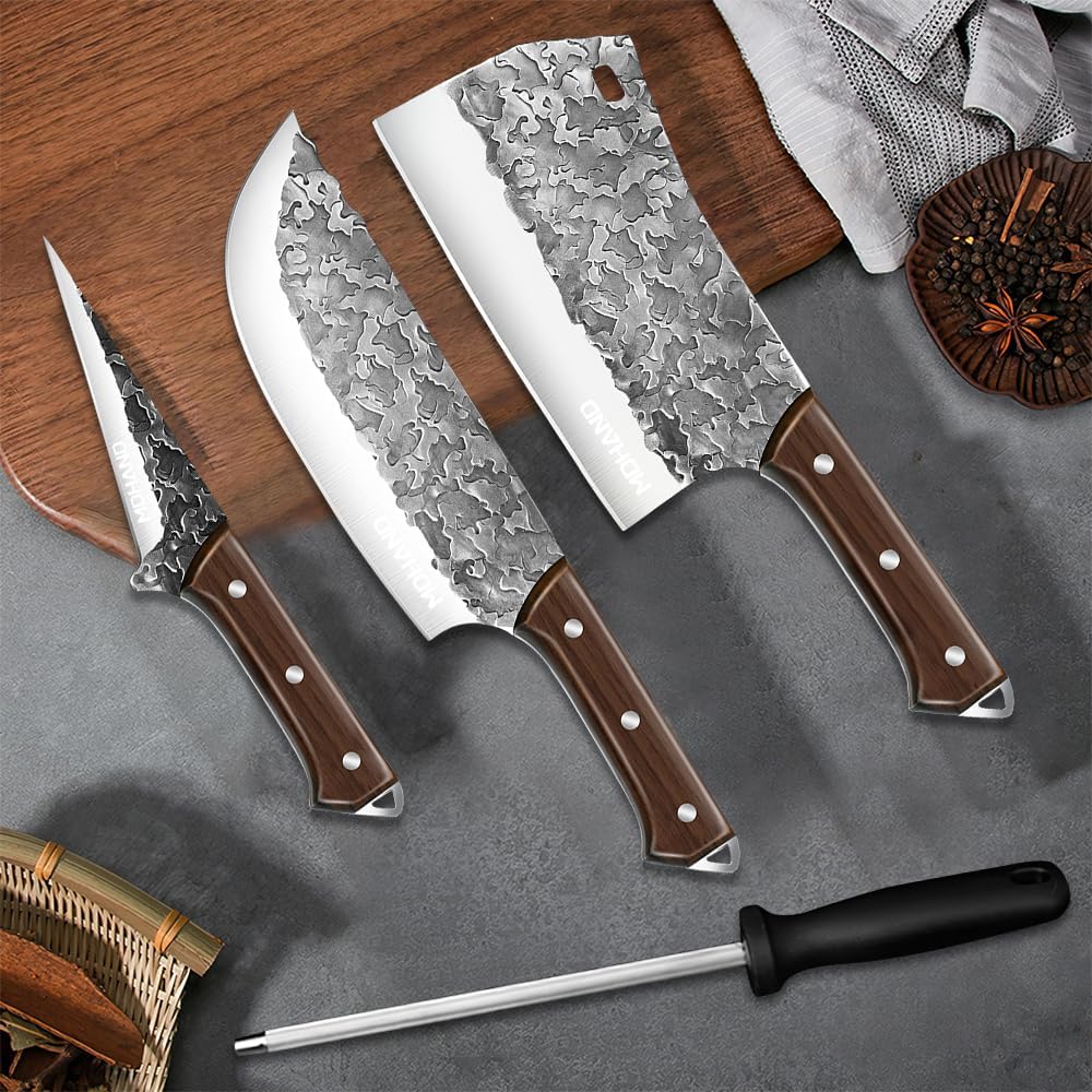 KEPEAK 4-Teilig Profi Metzgermesser Set mit Filetiermesser & Hackmesser & Ausbeinmesser und Schleifs