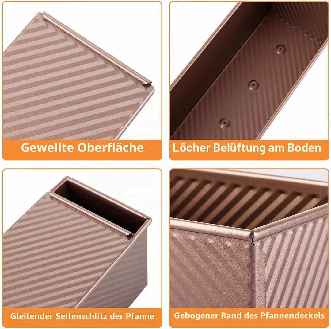 2 Stück Toastbrot Backform mit Deckel 1000g und 450g, Kastenform mit Deckel aus Kohlenstoffstahl, An