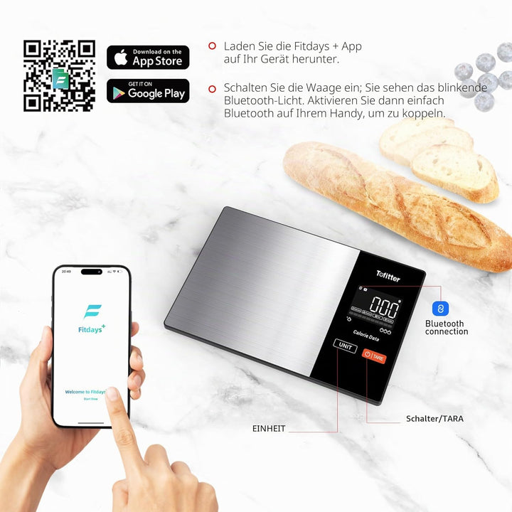 Smart Küchenwaage Bluetooth Ernährung Lebensmittelwaage mit kostenloser App Verfolgt 20 Nährstoffe &