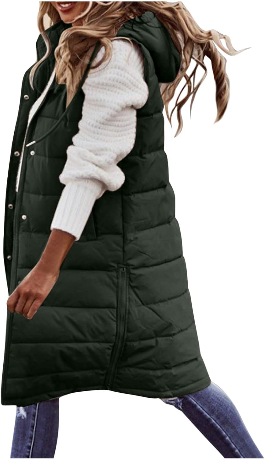 Duohropke Steppweste Damen Lang mit Kapuze Elegant Übergangsjacke Damenwesten Longweste Steppjacke P