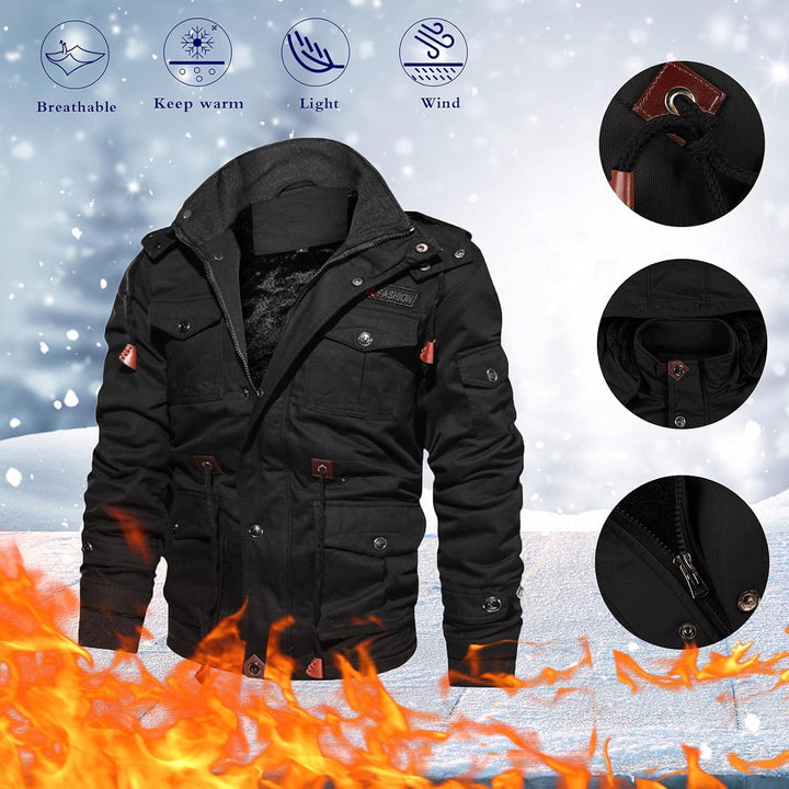 YEBIRAL Herren Fleece Gefüttert Warme Winterjacke Militär Jacke mit Abnehmbarer Kapuze Übergangsjack