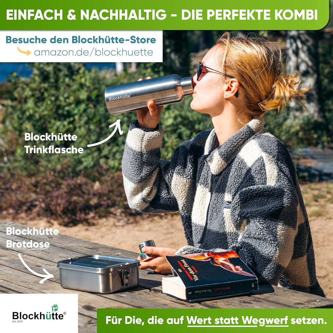 Blockhütte Wasserflasche Edelstahl 500ml I Isolierte Thermosflasche, Wasserflasche Kohlensäure geeig
