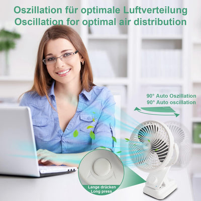 Oszillation Tischventilator 10000mAh Mini USB Ventilator Stufenloser Geschwindigkeit, Leise Clip Fan