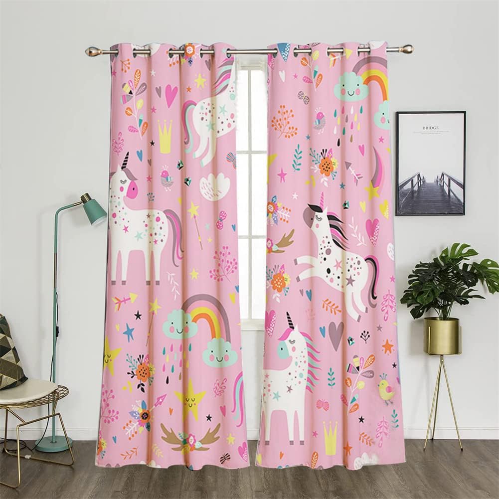 Koudi Kinder Rosa Vorhänge Einhorn Sterne Gardinen mit Ösen für Mädchenzimmer, Kinderzimmer, Babyzim