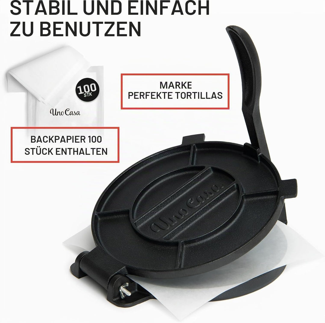 Uno Casa Tortilla Presse 25 cm aus Gusseisen – Taco Presse und Roti Maker - Plus 100 Blatt Backpapie