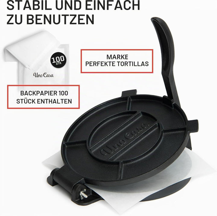 Uno Casa Tortilla Presse 25 cm aus Gusseisen – Taco Presse und Roti Maker - Plus 100 Blatt Backpapie