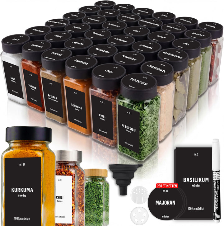 Deco haus® Gewürzgläser Eckig mit Gewürzetiketten Gewürzgläser mit Streueinsatz 36er Set - Gewürzdos