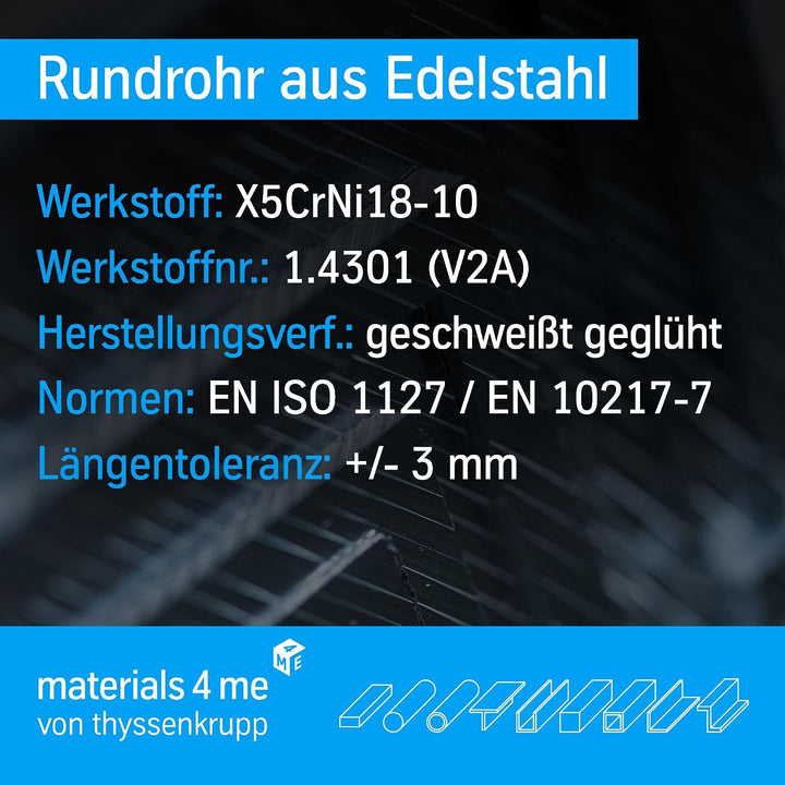 thyssenkrupp Edelstahlrohr Ø 42,4 x 2,6 mm in 1000 mm Länge | Rundrohr Edelstahl V2A geschweisst | W