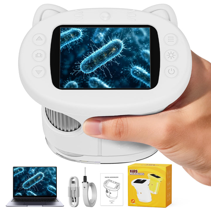Tragbares Mikroskop für Kinder, 1000x Digitales Handmikroskop Kinder mit 2,4 Zoll IPS Bildschirm, Fo