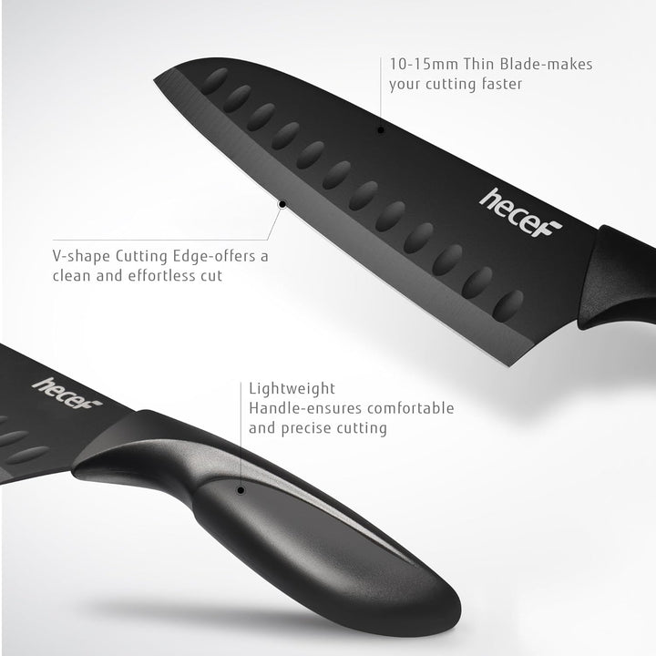 hecef Messerset Schwarz, Küchenmesser Set mit Antihaftbeschichtung, ergonomischer Griff, spülmaschin