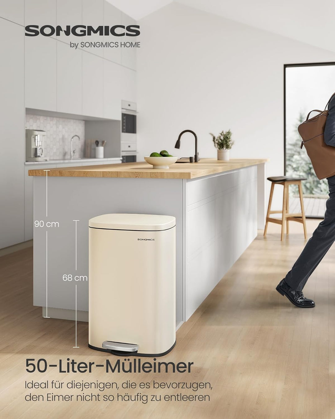 SONGMICS Mülleimer Küche, 50 Liter, Abfalleimer, Treteimer, mit Deckel, Softclose, Fusspedal, Stahl,