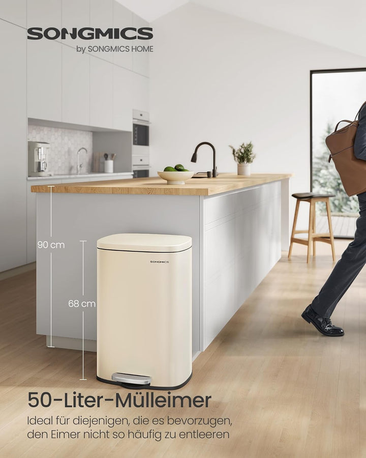 SONGMICS Mülleimer Küche, 50 Liter, Abfalleimer, Treteimer, mit Deckel, Softclose, Fusspedal, Stahl,