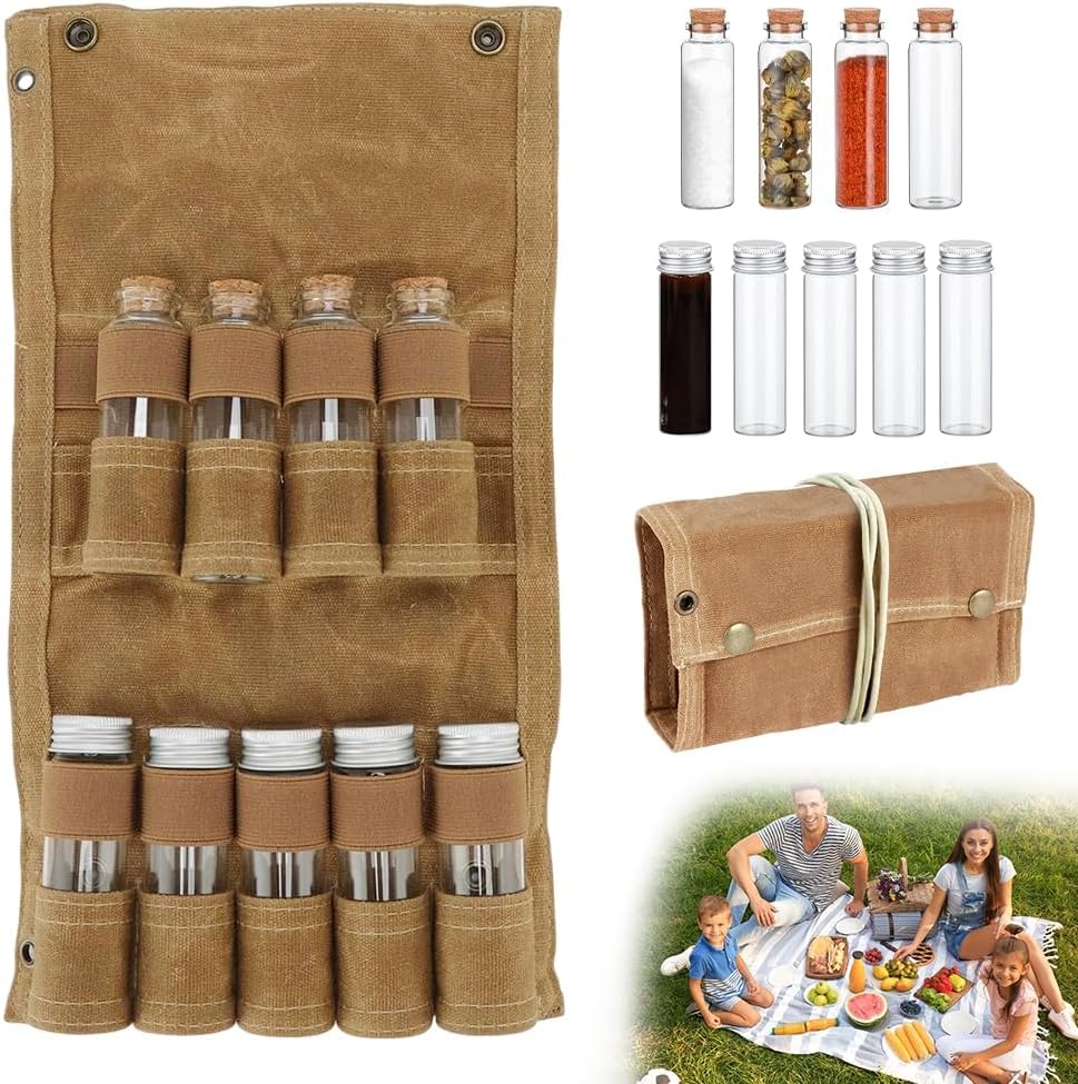 Outdoor Gewürztasche, Tragbare Gewürztasche mit 9 Gewürzgläsern, Faltbarer Camping Gewürz-Aufbewahru