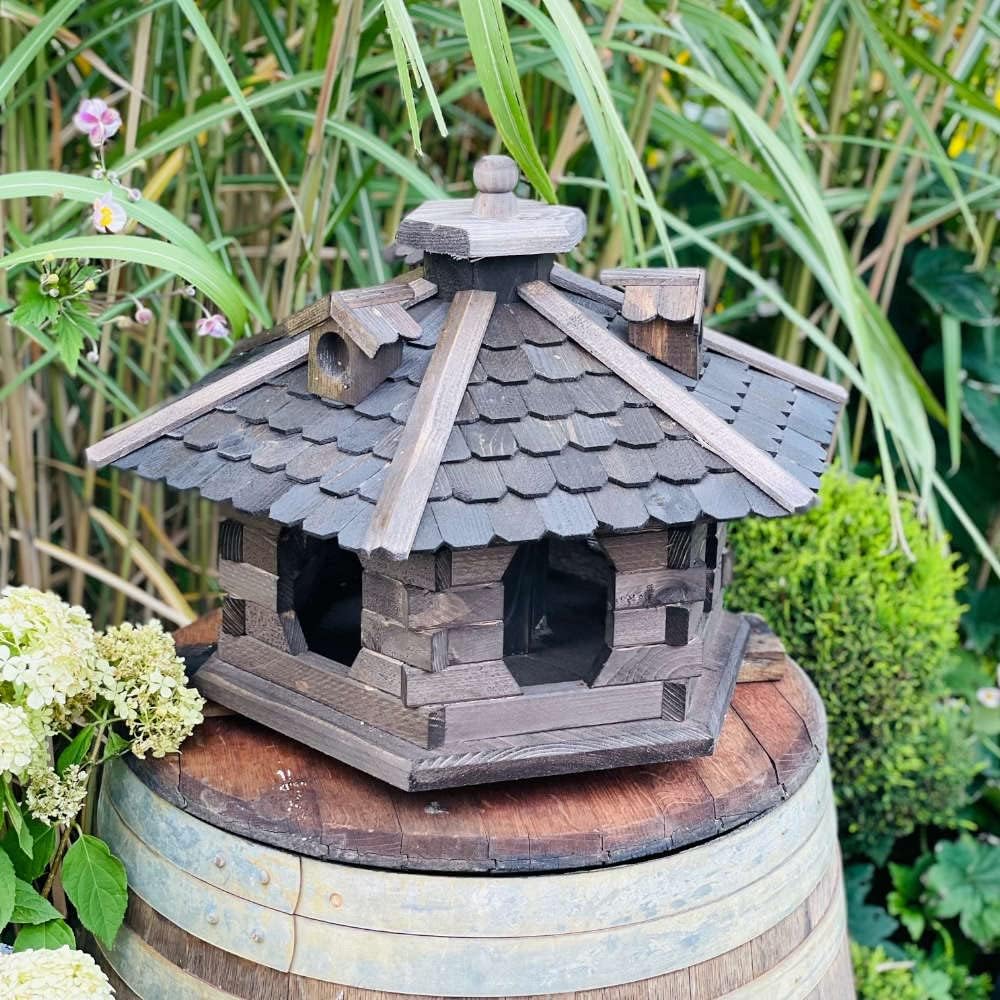 Sechseck Vogelhaus aus Holz L - XL Futterstelle mit und ohne Ständer handgefertigt (XL ohne Ständer,