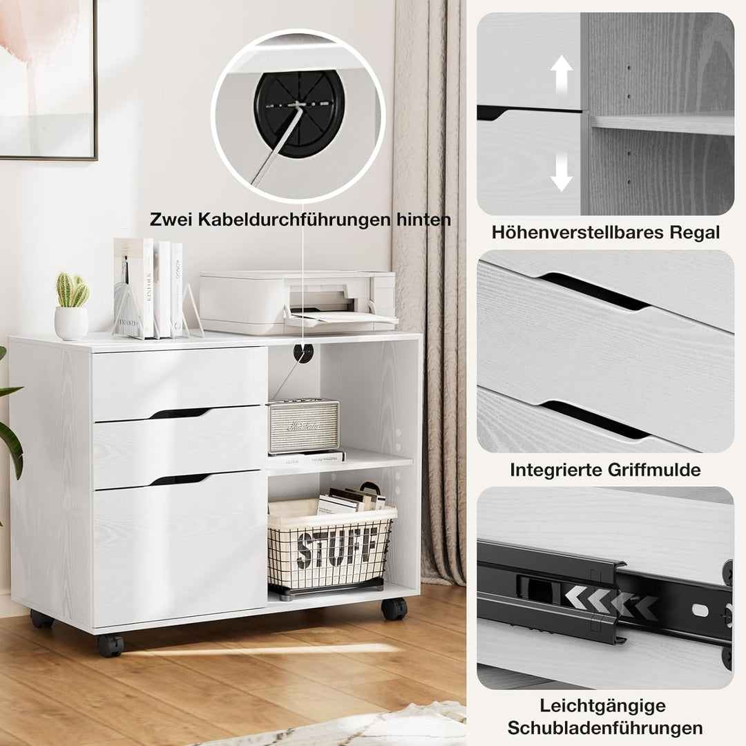 Sweetcrispy Rollcontainer mit 3 Schubladen,Aktenschrank und Druckerschrank mit Rollen,offene Ablage,