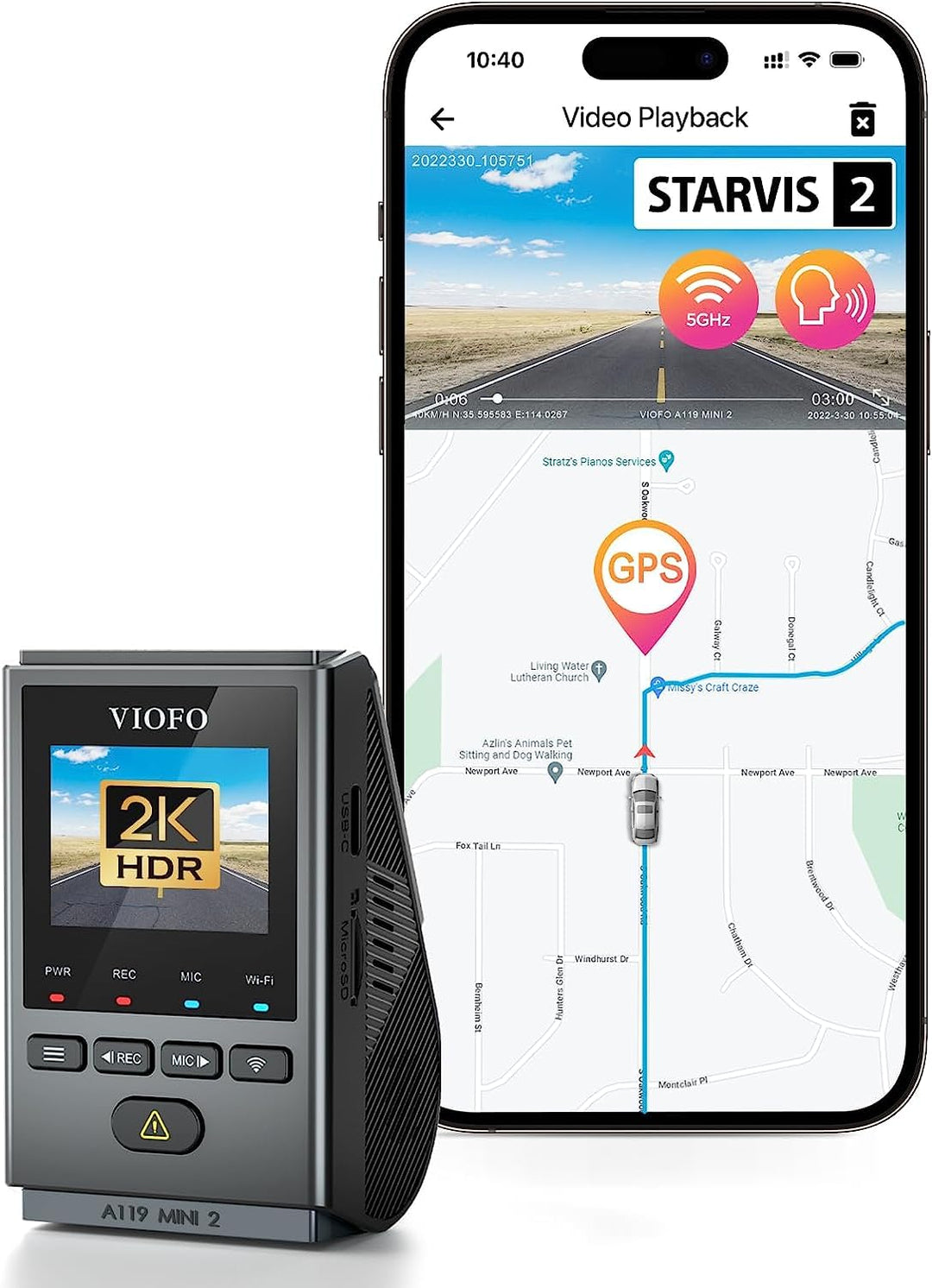 VIOFO Dashcam A119 Mini 2, Front 2,7K 5GHz Wi-Fi, 2K 60fps/HDR 30fps Sprachsteuerung, STARVIS 2 Verb