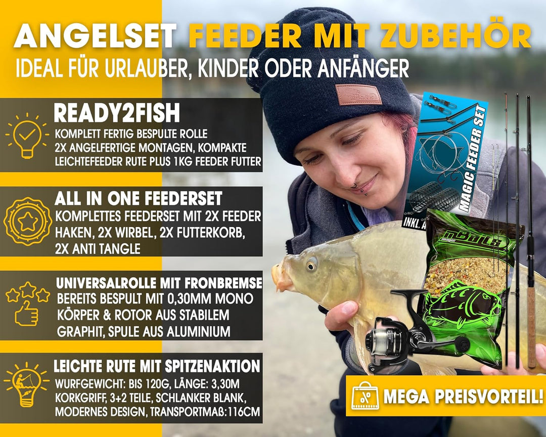 Angel-Berger Feeder Angelset Feederrute Rolle mit Zubehör Futterkorb Angelrute
