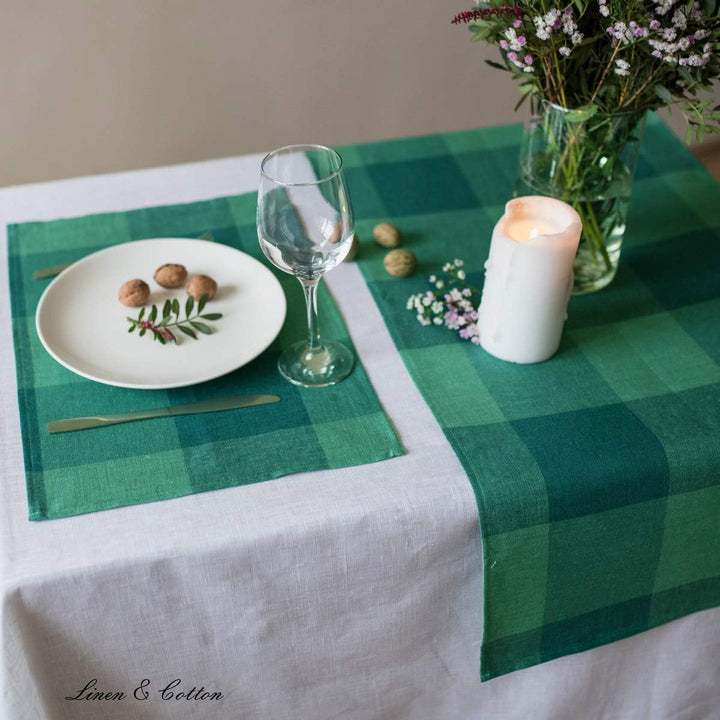 Linen &amp; Cotton Tischläufer Stoff Läufer Tischwäsche Kariert Bunt Emerald - 100% Leinen, Grün Mint Gr
