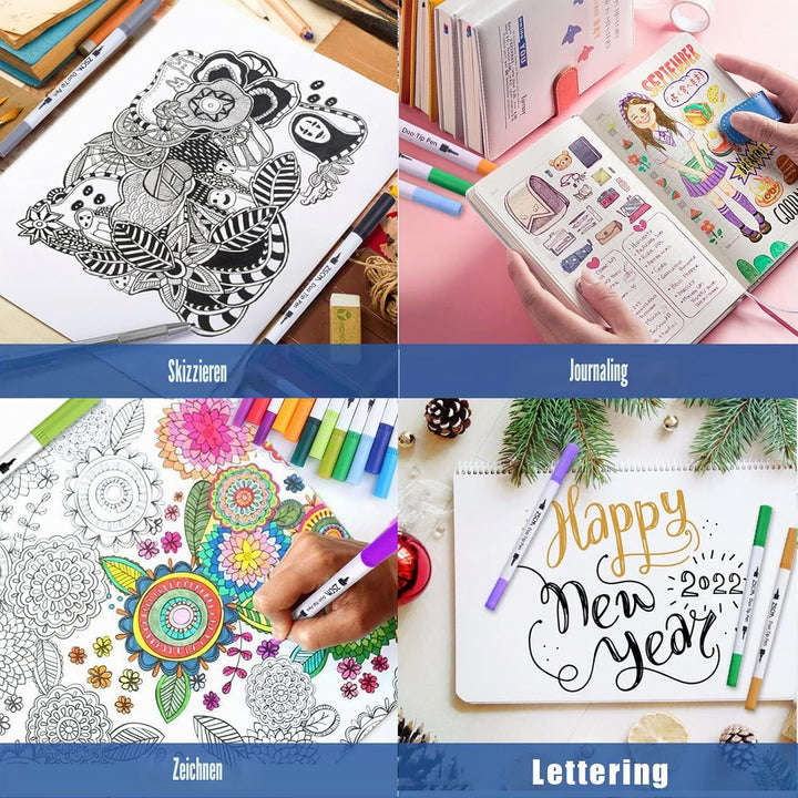 ZSCM 100 Farben Dual Brush Paint Pens, Coloured Pens Aquarell Art Marker Fineliner Kalligraphie Pens