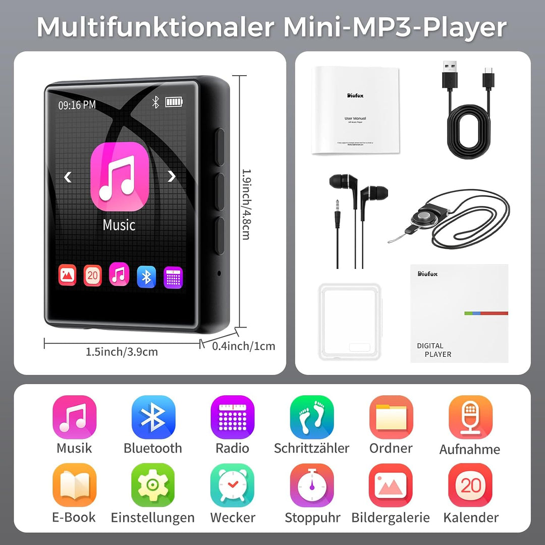 64GB MP3 Player mit Bluetooth 5.3, 1,8 Zoll Touchscreen MP3 Player mit Lautsprecher, HiFi Sound, UKW