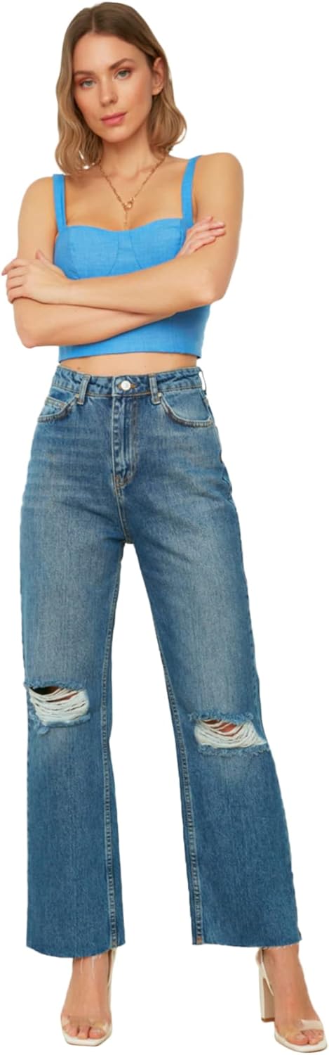 TRENDYOL Frau Jung Hoher Bund Wide Leg Weites Bein der 90er Jeans 42 Navy Blue, 42 Navy Blue